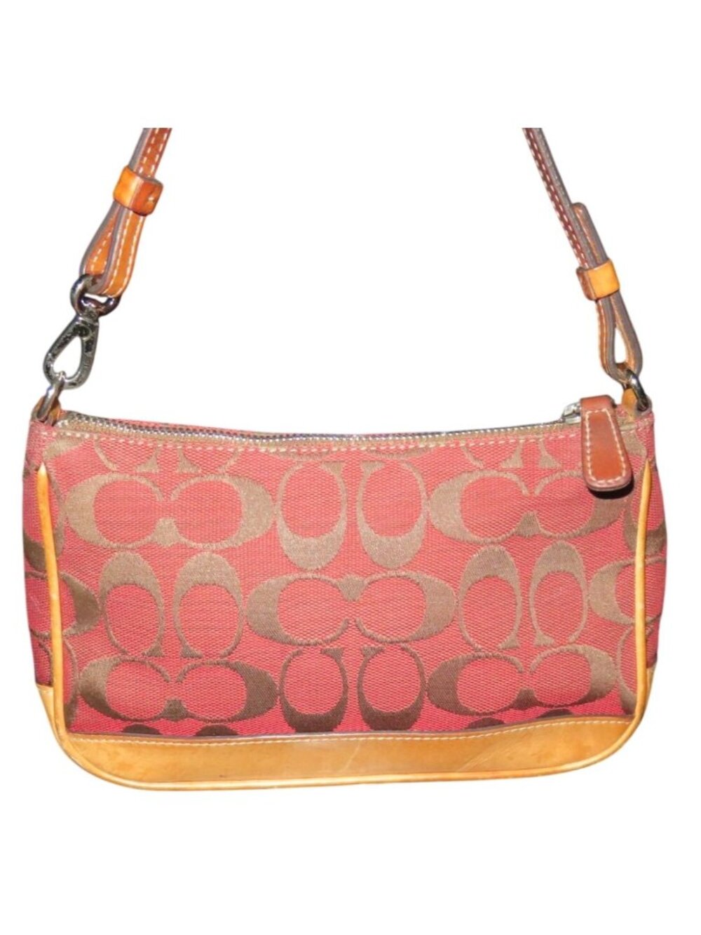 Coach Y2K Hampton Red Canvas & Tan Leather Signature Jacquard Demi Baguette Bag